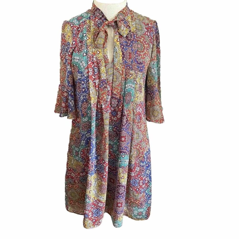Leslie Fay Dress Size 8‎ Lined Bell Sleeves Floral Retro Boho Multicolor Relaxed